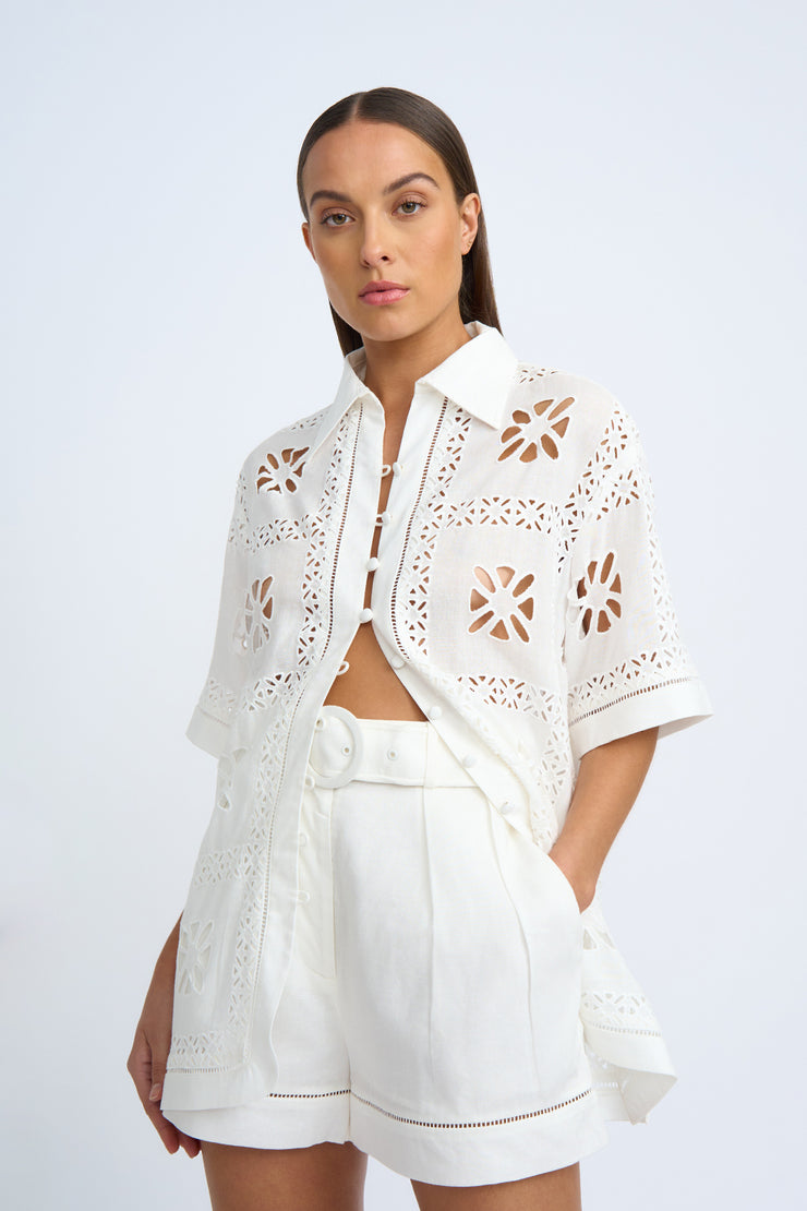 Block Flower Anglaise Shirt - Ivory
