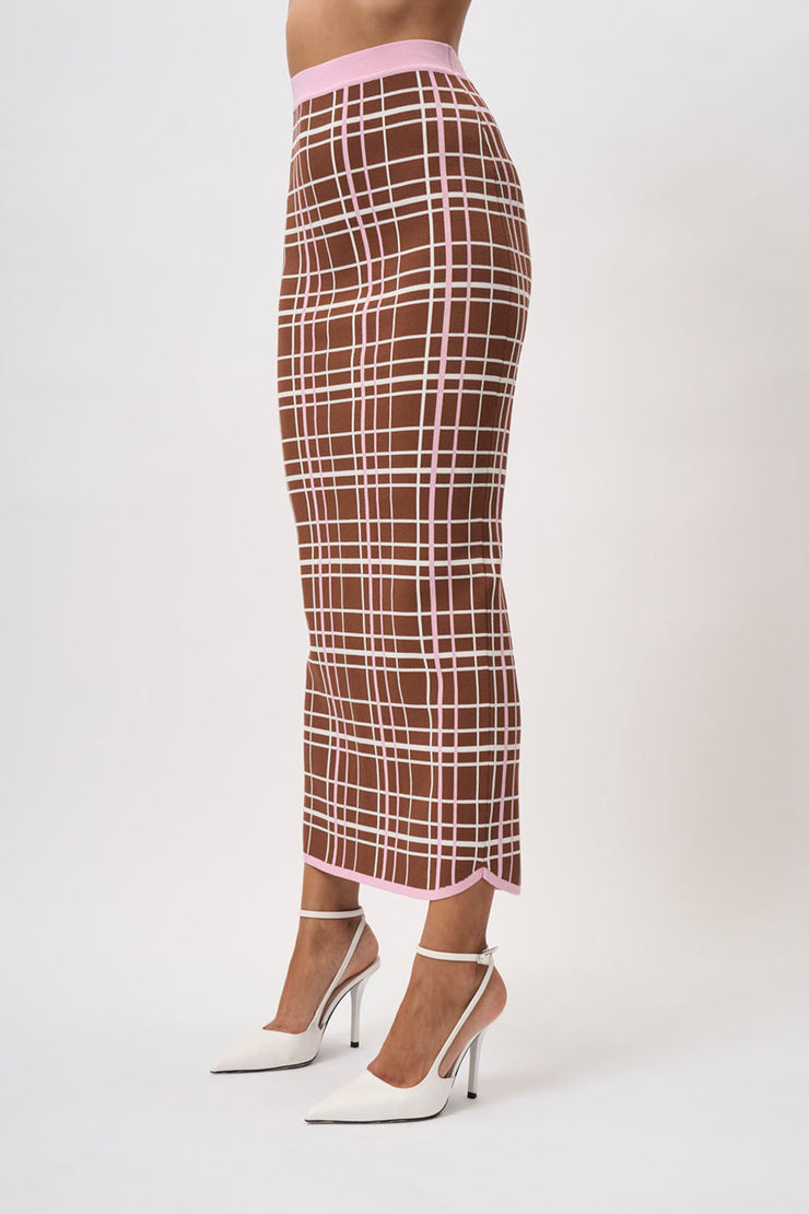 Carolina Check Knit Ankle Skirt | Final Sale - Brown Pink