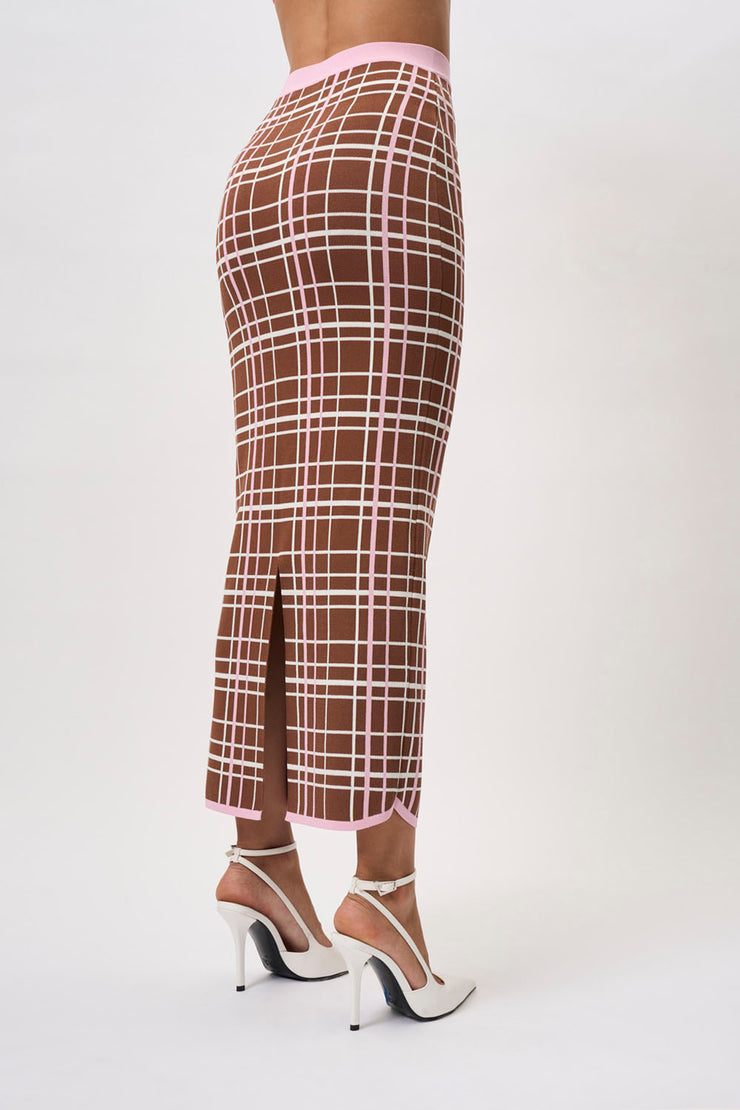 Carolina Check Knit Ankle Skirt - Brown Pink