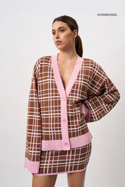 Carolina Check Knit Cardi - Brown Pink