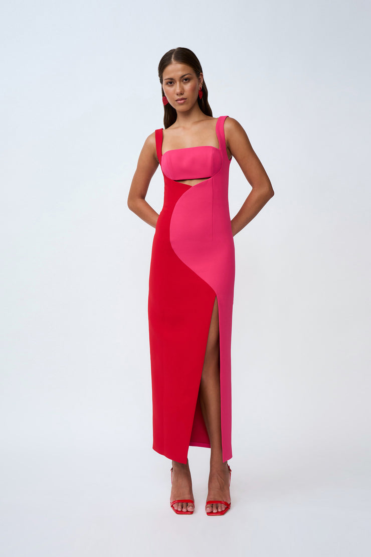 two tone pink and red dress Caterina Two Tone Curve Midi | Final Sale