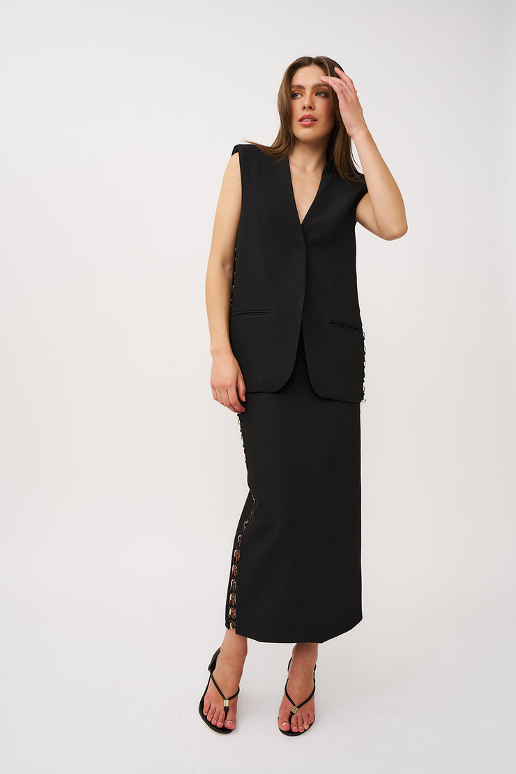 Chain Trim Longline Skirt - Black