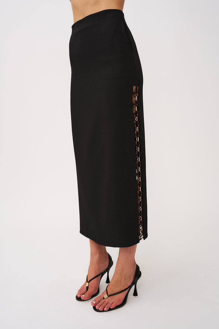 Chain Trim Longline Skirt - Black