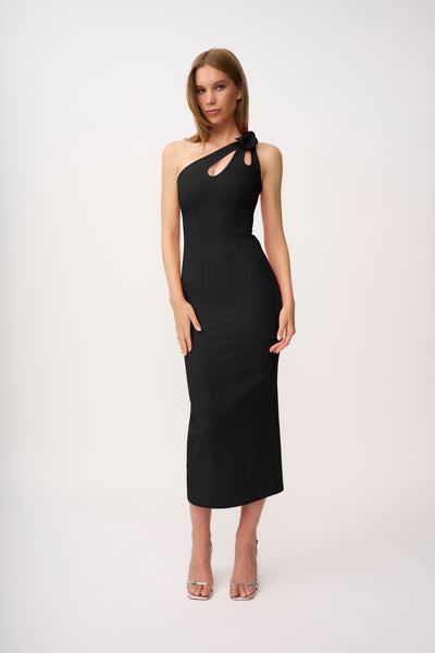 Chiara One Shoulder Midi Dress - Black