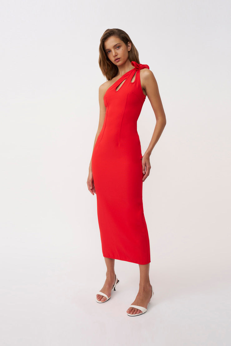 Chiara One Shoulder Midi Dress - Red