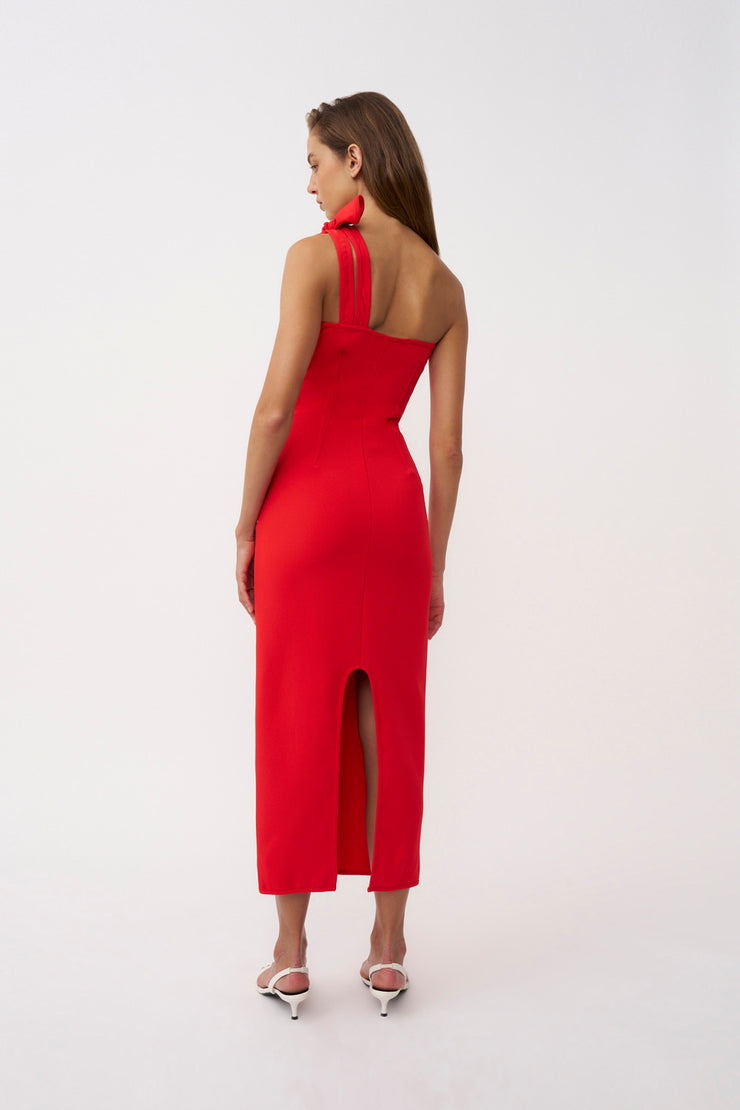 Chiara One Shoulder Midi Dress - Red