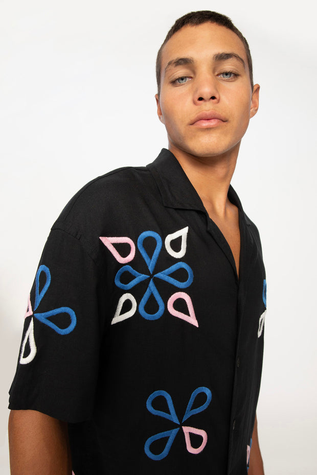 Conrad Geo Embroidery Shirt | Final Sale - Black