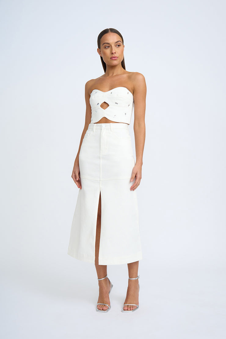 Denim Panel Midi Skirt - Ivory