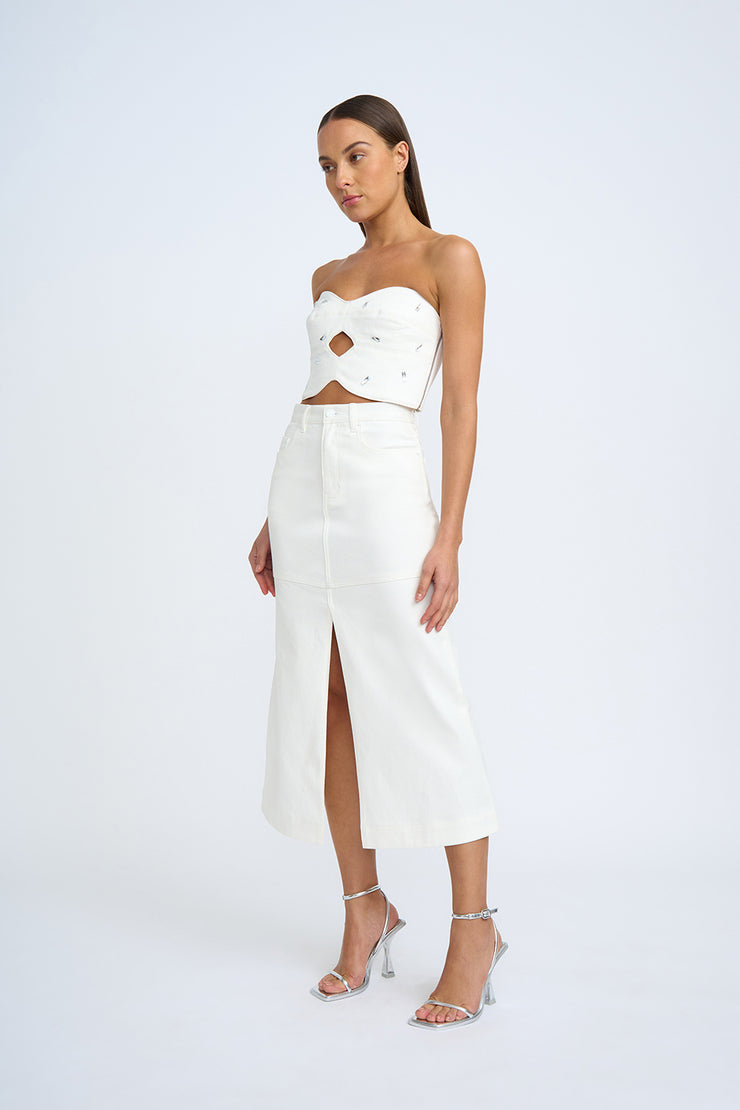 Denim Panel Midi Skirt - Ivory