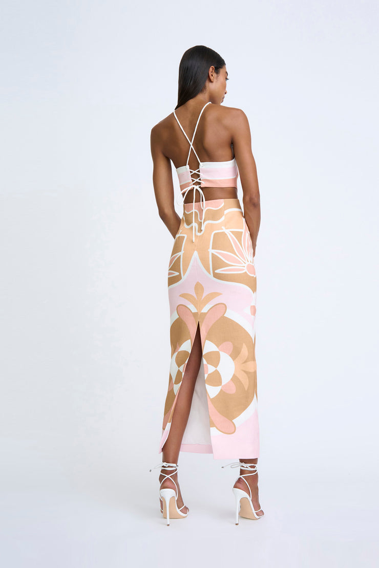 Desert Blooms Structured Ankle Skirt - Pink Tan Multi