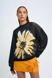 Digital Daisy Knit Sweater - Black Orange