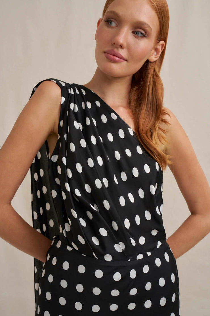 Dove Drape Polka Ankle Dress - Ivory Black