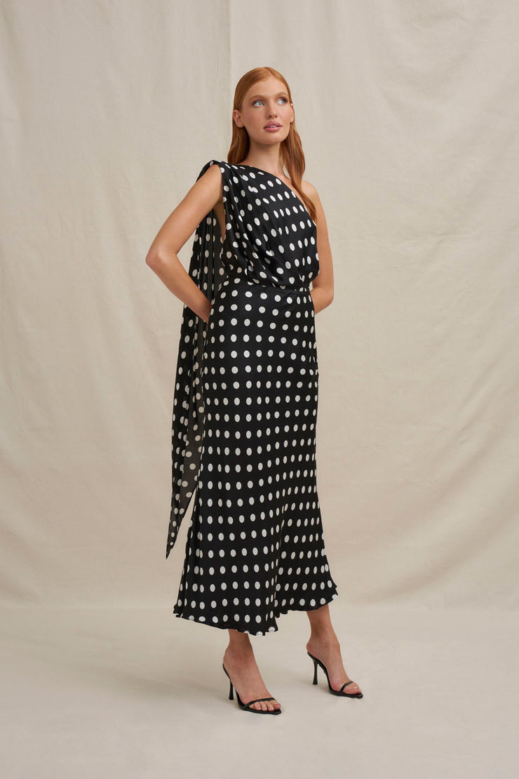 Dove Drape Polka Ankle Dress - Ivory Black