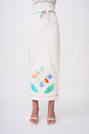 Fiori Applique Ankle Skirt - Ivory Multicolour