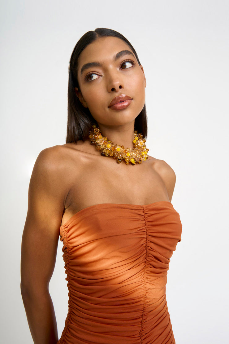 Gloria Gathered Strapless Midi Dress - Deep Clay
