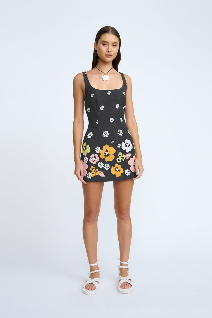Golden Floral Linen Mini Dress| Final Sale - Black Multi Floral BY JOHNNY. Golden Floral Linen Mini Dress| Final Sale - Black Multi Floral BY JOHNNY.
