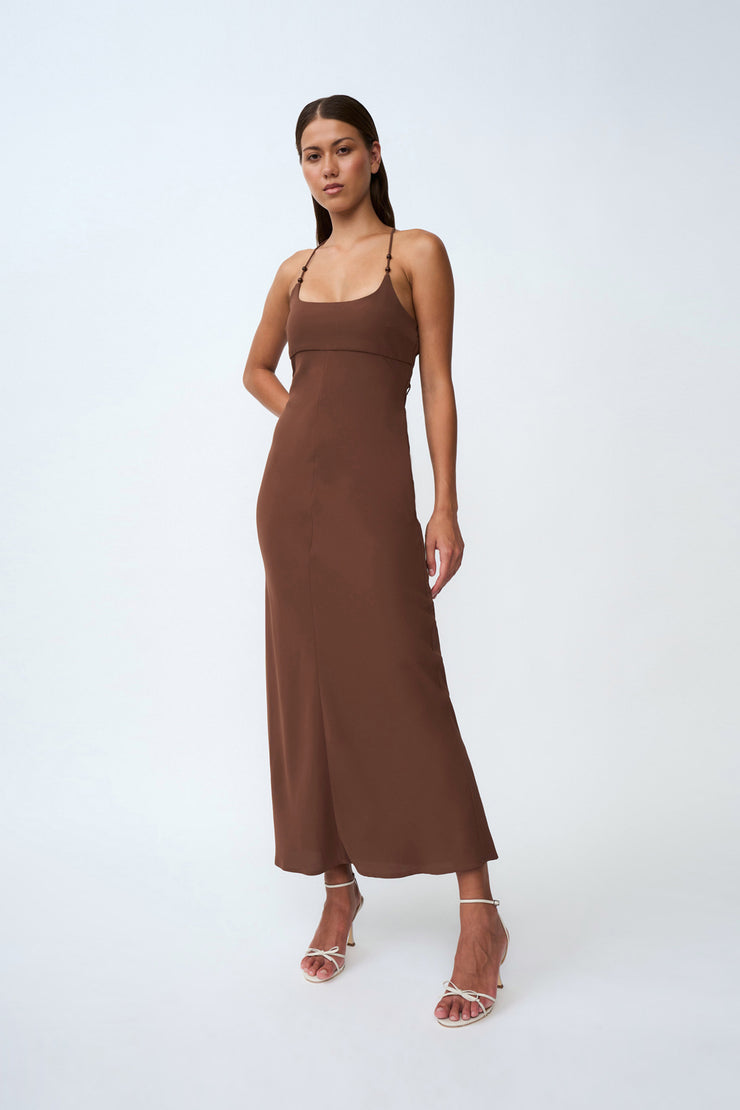 Hana Bias Bead Midi Dress | Final Sale - Chocolate BY JOHNNY. Hana Bias Bead Midi Dress | Final Sale - Chocolate BY JOHNNY.