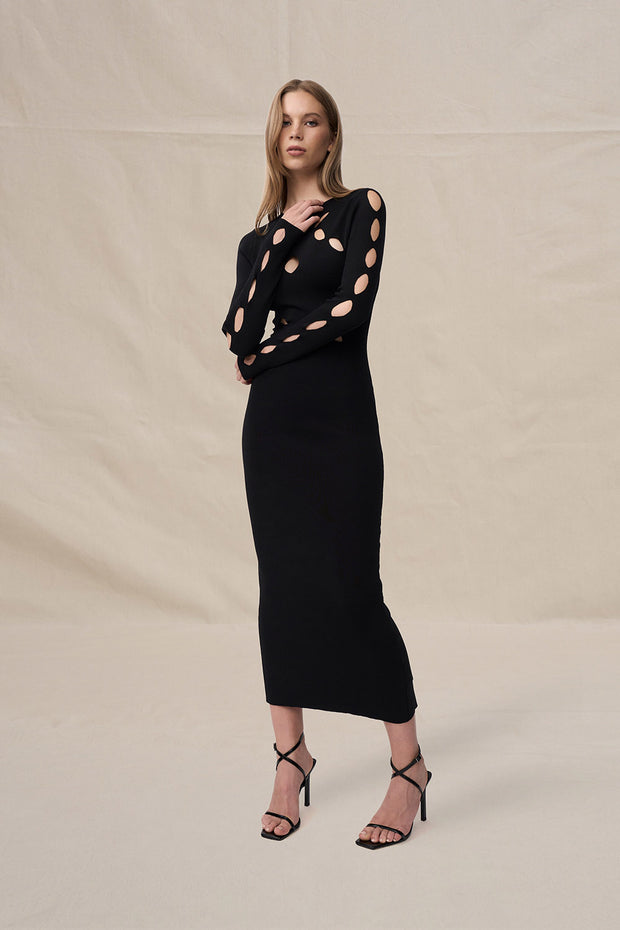 Laser Leaf Midi Dress - Black
