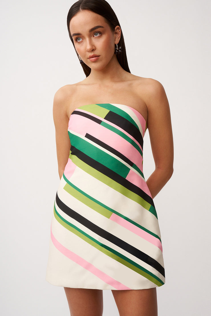 Lola Stripe Strapless Mini Dress - Green Pink Black Multi