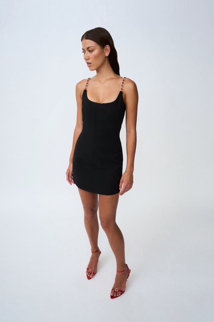 black mini dress with gold chain straps Black Gold Chain Straps Drawstring Cut Out Mini Dress
