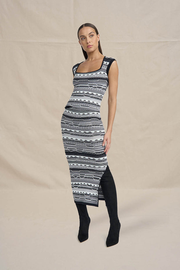 Monochrome Stitch Knit Dress - Black Grey Ivory
