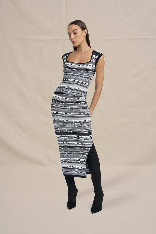Monochrome Stitch Knit Dress - Black Grey Ivory