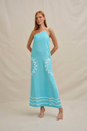 Oasis One Shoulder Maxi Dress - Ivory Aqua Blue