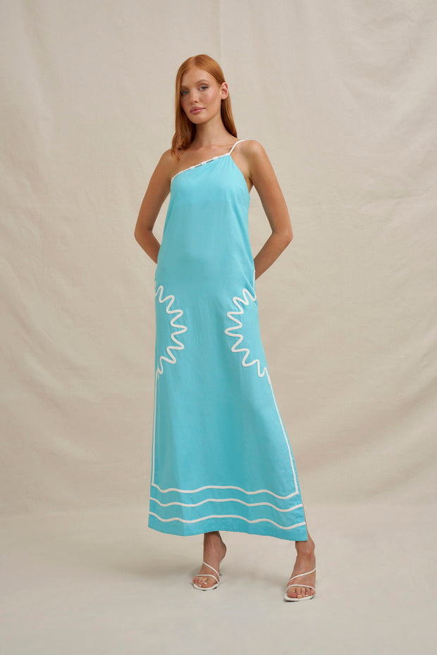 Oasis One Shoulder Maxi Dress - Ivory Aqua Blue