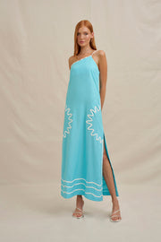Oasis One Shoulder Maxi Dress - Ivory Aqua Blue