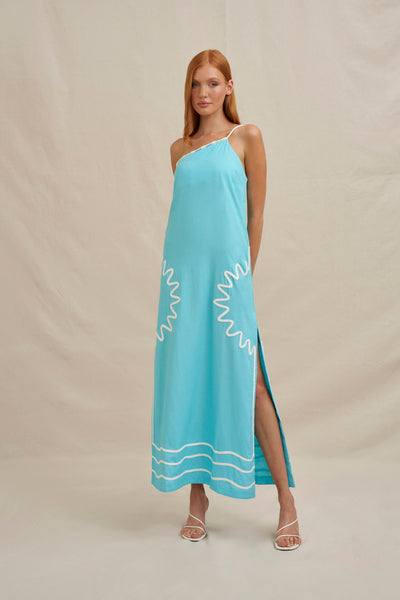 Oasis One Shoulder Maxi Dress - Ivory Aqua Blue