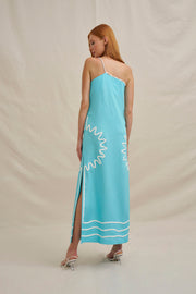 Oasis One Shoulder Maxi Dress - Ivory Aqua Blue
