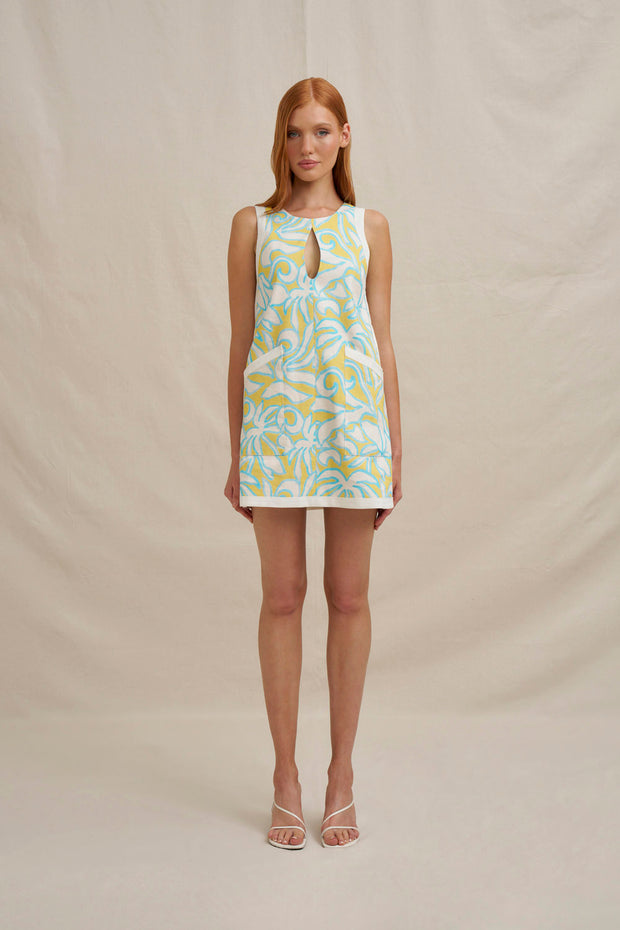 Painted Palm Contrast Mini Dress - Yellow Blue Ivory