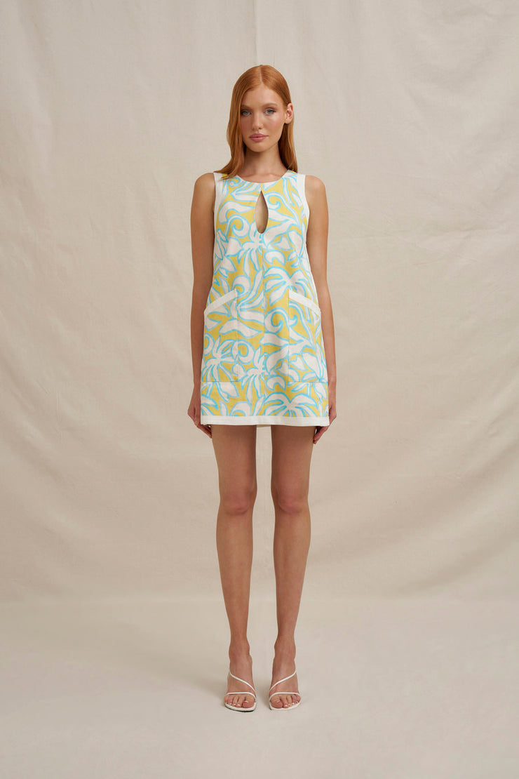 Painted Palm Contrast Mini Dress - Yellow Blue Ivory