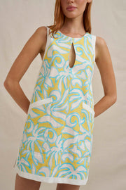 Painted Palm Contrast Mini Dress - Yellow Blue Ivory