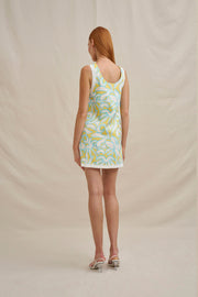 Painted Palm Contrast Mini Dress - Yellow Blue Ivory