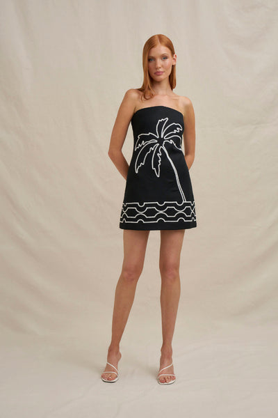 Paradise Palm Strapless Mini Dress - Ivory Black