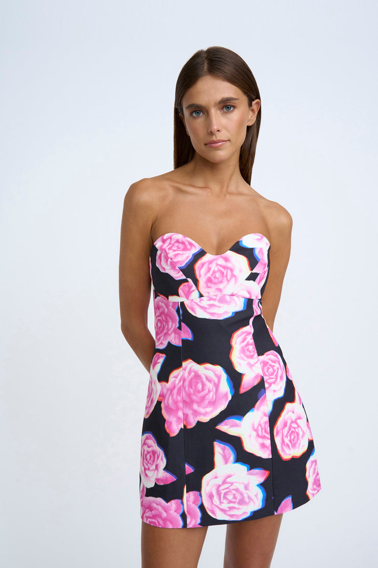 Rosalie Strapless Mini Dress - Pink Black Rose