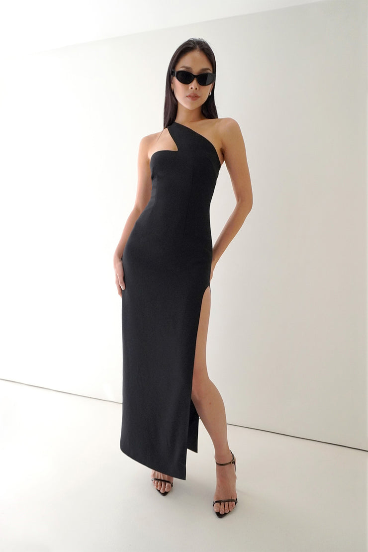 One Shoulder Bow Midi Dress Black White - Luxe Midi Dresses and Luxe Party  Dresses