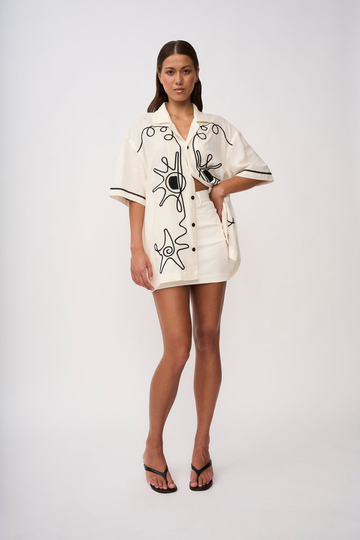 Star Sun Embroidery Shirt - Ivory