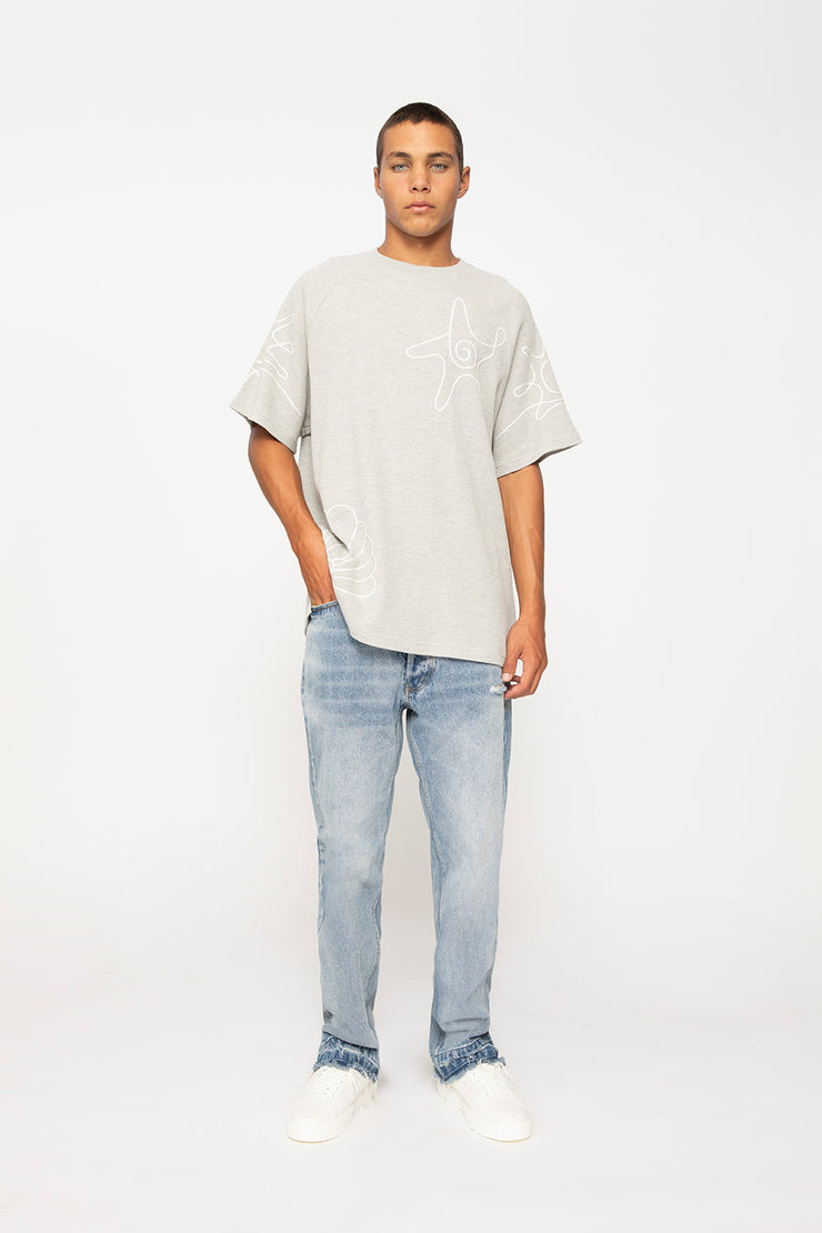 Star Sun Embroidery Tee - Grey Marle