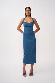 Savannah Denim Halter Midi Dress- Blue Denim