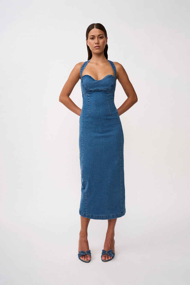 Savannah Denim Halter Midi Dress | Final Sale - Blue Denim