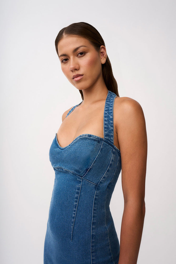 Savannah Denim Halter Midi Dress | Final Sale - Blue Denim