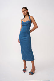 Savannah Denim Halter Midi Dress- Blue Denim