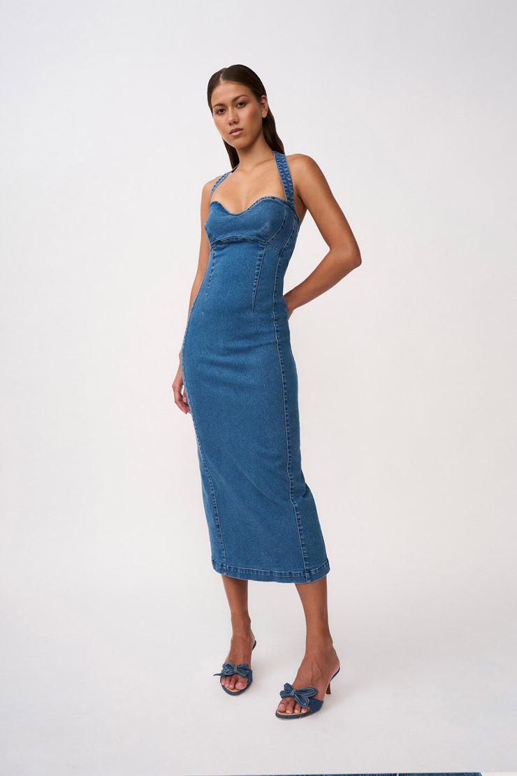 Savannah Denim Halter Midi Dress | Final Sale - Blue Denim