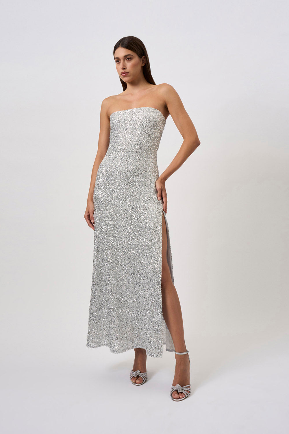 Skylar Sequin Long Line Dress Brushed Silver BY JOHNNY