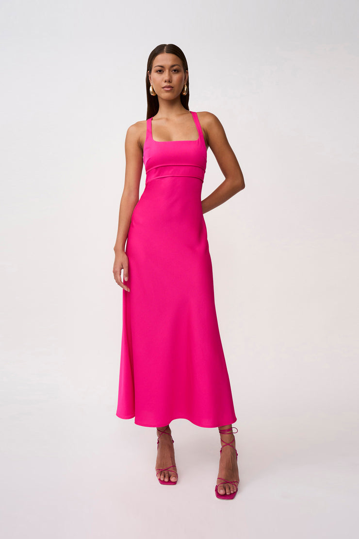 Soleil Pipe Bias Midi Dress | Final Sale - Fuchsia Pink BY JOHNNY. Soleil Pipe Bias Midi Dress | Final Sale - Fuchsia Pink BY JOHNNY.