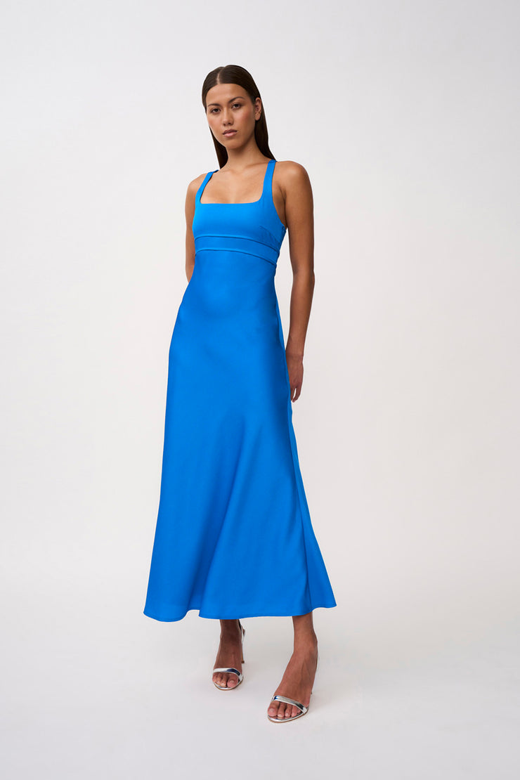 Soleil Pipe Bias Midi Dress | Final Sale - Azure Blue BY JOHNNY. Soleil Pipe Bias Midi Dress | Final Sale - Azure Blue BY JOHNNY.