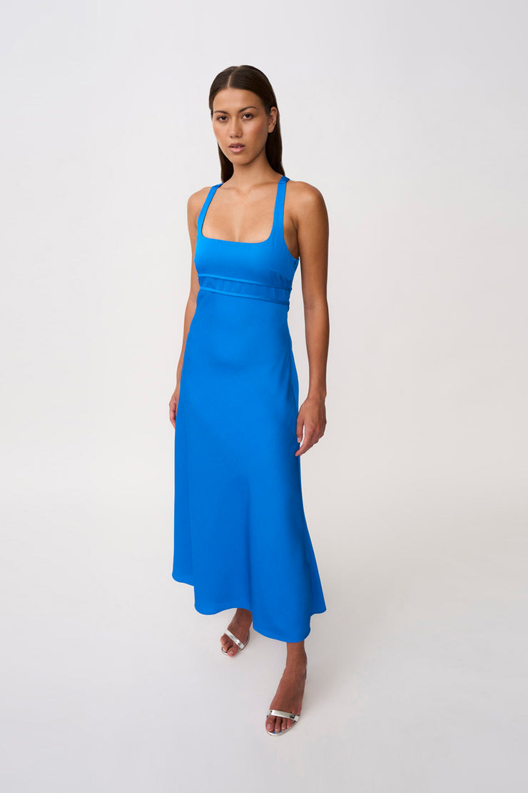 Soleil Pipe Bias Midi Dress- Azure Blue