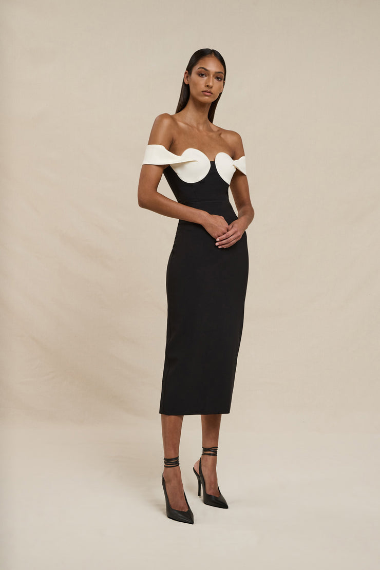 The Cleo Midi Dress - Ivory Black